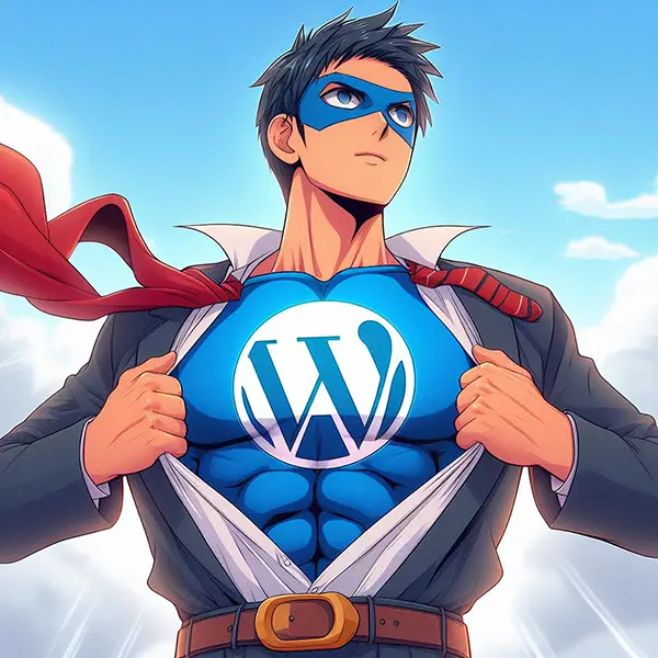 Es una ilustración de un hombre joven abriendo su traje y revelando el logo de WordPress al estilo de Superman.