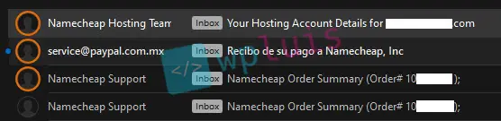 Pantalla que muestra los correos enviados por Namecheap con información de cuenta