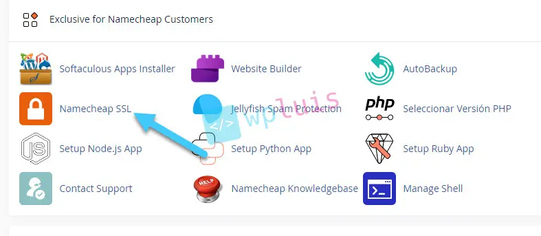 Pantalla que muestra la opción de certificados SSL de Namecheap en cPanel