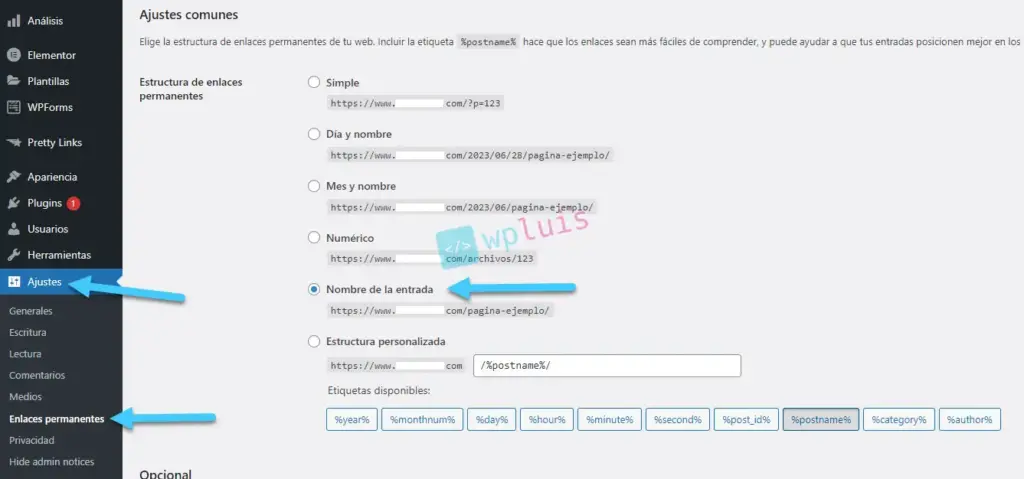 Pantalla que muestra las opciones de enlaces permanentes en WordPress