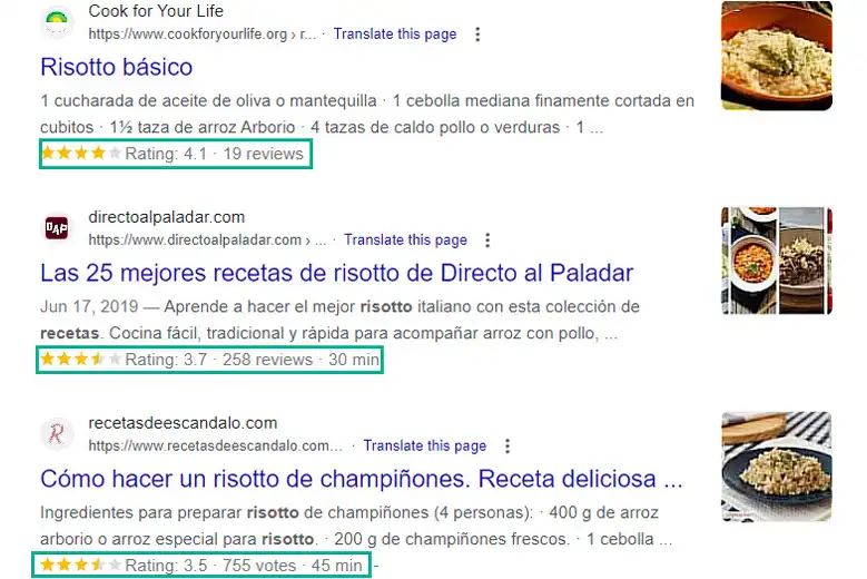 Pantalla que muestra resultados de Google con rich snippets