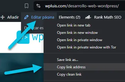 Es una pantalla que muestra cómo copiar un enlace de edición de página en WordPress.